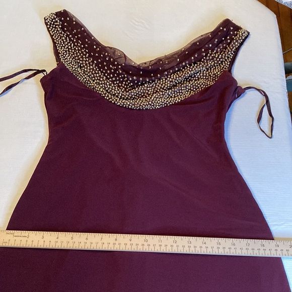 Cachet Gown Maxi Gold Beads Front & Back Neckline Burgundy Color Formal Gown - Picture 12 of 13